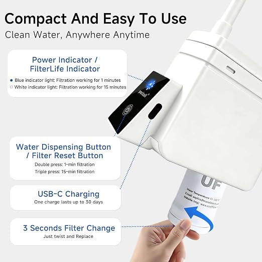 Motorized Outdoor Water System, 0.01μm UF Structure, USB-C Rechargeable Portable Unit, Compact for Camping Backpacking Emergency Preparedness (White)