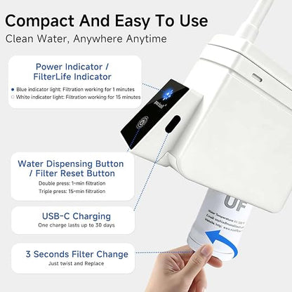 Motorized Outdoor Water System, 0.01μm UF Structure, USB-C Rechargeable Portable Unit, Compact for Camping Backpacking Emergency Preparedness (White)
