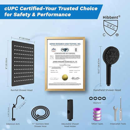 Hibbent cUPC Certified All Metal 8" Rainfall Showerhead Combo, High Pressure Shower Head with 10-Spray Handheld, Innovative 4-way Diverter with Pause Mode, 71'' Shower Hose & Holder, Matte Black