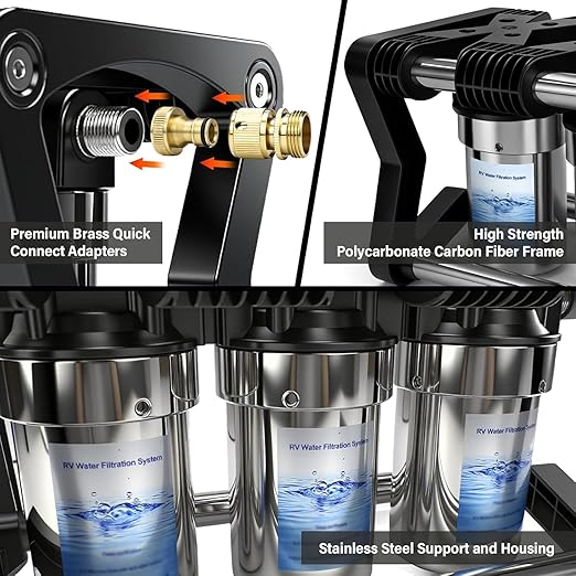 3 Stage RV Water Filter System with 3 Replacement Filters 0.2 Micron High Flow Camper Water Filter for RV and Boat