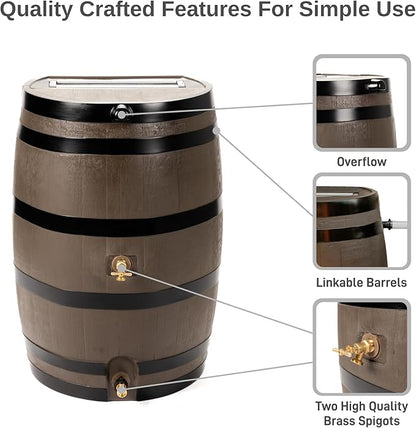 RTS Home Accents Polyethylene 50 Gallon Flat Back Dual Brass Spigot Rain Barrel, Woodgrain with Black Stripes Color