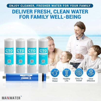 Max Water Combo Pack FX12P and FX12M or TFM-24 Water Filter Replacement, Compatible GE RO Set GXRM10RBL GXRM10G Reverse Osmosis Systems - Carbon Block Filters and 50 GPD RO Membrane (Membrane + 4 CTO)