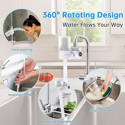 Vortopt 360° Rotating Faucet Water Filter for Sink,400 Gallon Water Filter,NSF Certified Reduces Chlorine & Bad Taste with 1 Replacement,Fits Most Standard Faucets,3 Month Lifespan,T6-CTO White.
