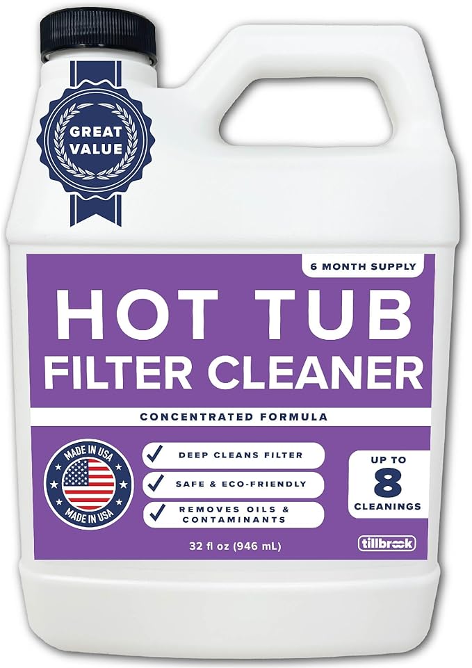 Hot Tub Filter Cleaner - 6 Month Supply - 4 to 8 Uses - 32 oz Spa Filter Cartridge Cleaner - Hot Tub & Pool Filter Cleaner Soaking Solution - No Residue or Foam - Restores Filter - Safe & Non-Toxic