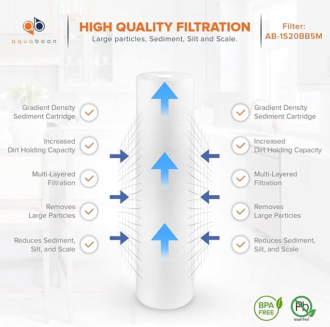 Aquaboon 5 Micron 20 x 4.5 Whole House Sediment Filter Cartridge 20 inch Water Filter Replacement Compatible with DGD-5005-20, FP25B, AP810-2, 10-Pack