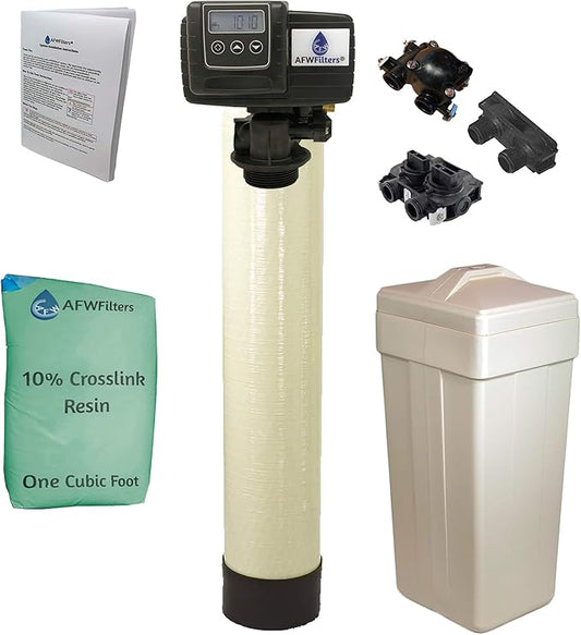 AFWFilters 1 Cubic Foot (32k) Whole Home Water Softener with Durable 10% Crosslink Resin, 3/4" Plastic MNPT Connection, and Almond Tanks