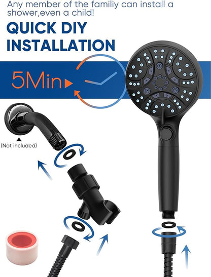 Pavezo® High Pressure Handheld Shower Head with Filter, ON/OFF Switch Pause Button, 10-mode Shower Head with Hard Water Softener Filters, SS Hose, Anti-clog & Powerful to Clean Tile & Pets, Black