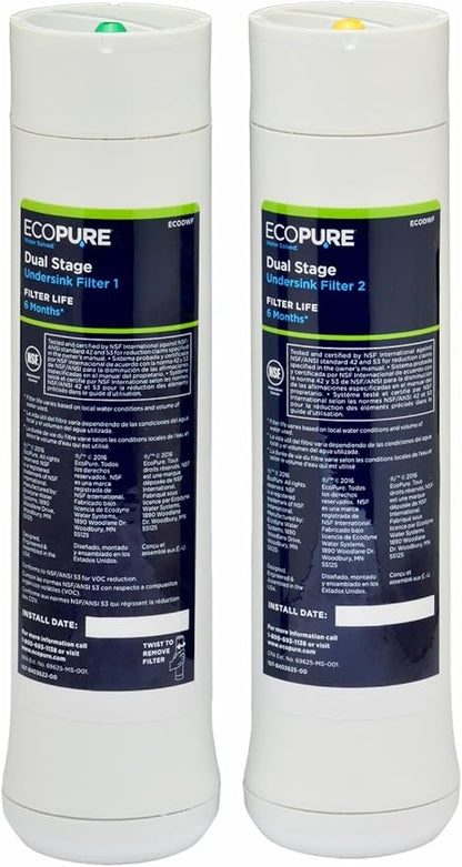 EcoPure ECODWF Dual Stage Water Filter Replacement Set – Fits ECOP20 Under Sink System – NSF-Certified – Reduces Lead, Chlorine, Cysts & More – 6-Month Life – Easy, Mess-Free Changes