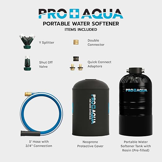 PRO+AQUA 16,000 Grain Portable Water Softener for RV, Trailers, Boats, Mobile Car Wash, Pressure Wash – Protects Water Systems from Hard Water Damage and Corrosion, with Pre-Filled High-Capacity Resin