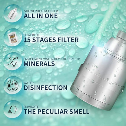 BathBeyond Filtered Shower Head, hower Filter Head 2-in-1 Vitamin C 15 Stage High Output Water Filter with Cartridge for Hard Water Remove Chlorine and Harmful Substances (Chrome)