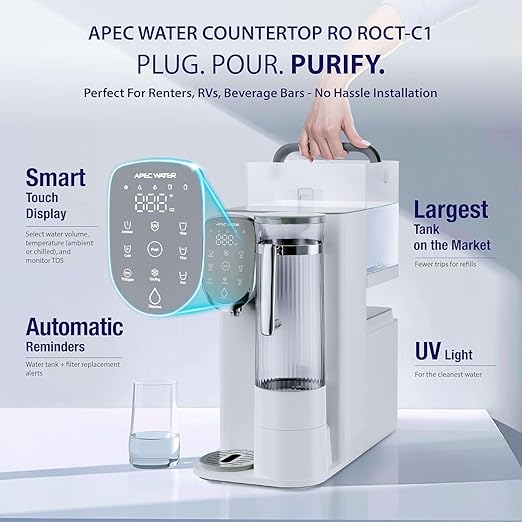 APEC Water Countertop Reverse Osmosis Water Filter, Chills Purified Water 40°F, 6 Stage w/UV RO Filtration System, Removable Pitcher, Removes 1K+ Impurities NSF 372 & 58, Quick Dispense