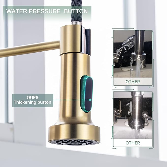 WEWE Brushed Gold Kitchen Faucet with Pull Down Sprayer, RV Brass Kitchen Faucet Stainless Steel Single Handle Spring Faucet with Deck Plate for Farmhouse Utility bar Laundry Sinks