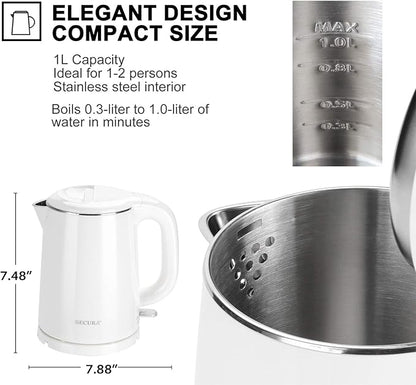 Secura Stainless Steel Double Wall Electric Kettle Water Heater for Tea Coffee w/Auto Shut-Off and Boil-Dry Protection, 1.0L (White) SWK-1001DW/HB-K012