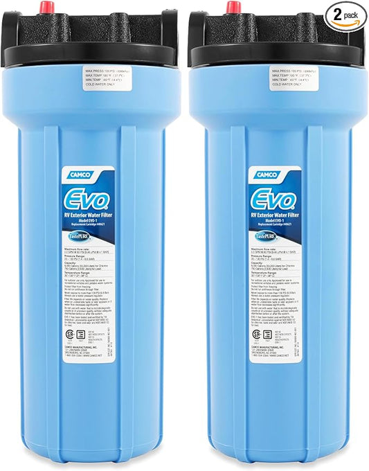 Camco Evo RV Water Filter Features Granulated Activated Carbon for Bacteria Control & a Replaceable Premium Spun Polypropylene Filter Cartridge Camper for Clean Drinking Water (40631) (Pack of 2)