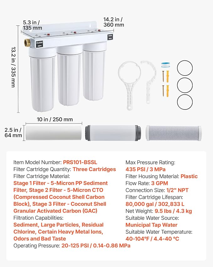 VEVOR RV Water Filter System, 5-Micron 3 Stage Premium RV Water Filtration System Replacement with Three Cartridges for RVs & Campers, Reduces Sediment, Chlorine, Certain Heavy Metals, Odors and More