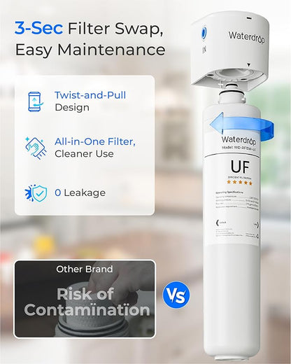 Waterdrop RF15W-UF 0.01 μm Water Filter Replacement for Waterdrop 15UAW-UF/15UBW-UF Under Sink Water Filter, Reduces Lead, Chlorine, Bad Taste & Odor, 2 Years