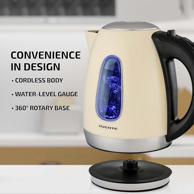 OVENTE Electric Kettle, 1.7L Stainless Steel Water Heater and Boiler for Coffee or Tea with BPA Free & Cordless Body, Auto Shut-Off, Boil-Dry Protection, LED Light and Removable Filter, Beige KS96BG