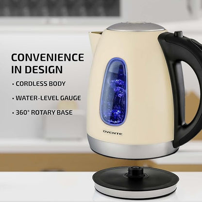 OVENTE Electric Kettle, 1.7L Stainless Steel Water Heater and Boiler for Coffee or Tea with BPA Free & Cordless Body, Auto Shut-Off, Boil-Dry Protection, LED Light and Removable Filter, Beige KS96BG