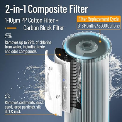 Whole House Water Filter System, MEGA Spin Down Sediment Filter, 1-10mircon PP Filter+Carbon Block Reduces Chlorine, Sediment&Odor, No-Shutoff Maintenance, 1" MNPT + 3/4" FNPT, White