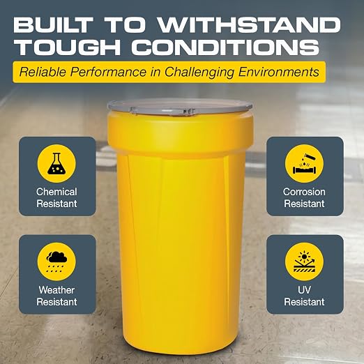 Eagle Plastic Drum, 55 Gallon Drum, DOT Compliant, Made in USA, Yellow | High-Density-Polyethylene Construction, Open Head Lab Pack Drum, Metal Lever-Lock Lid, Hazardous Material Storage, Transport