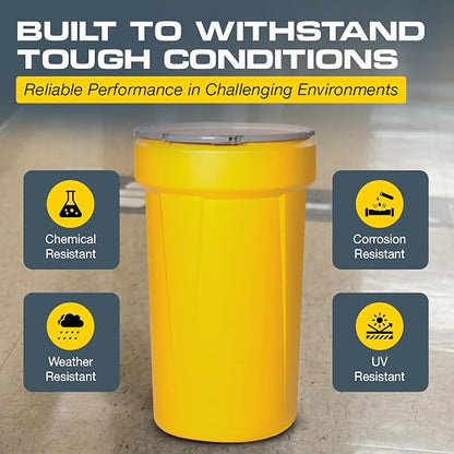 Eagle Plastic Drum, 55 Gallon Drum, DOT Compliant, Made in USA, Yellow | High-Density-Polyethylene Construction, Open Head Lab Pack Drum, Metal Lever-Lock Lid, Hazardous Material Storage, Transport