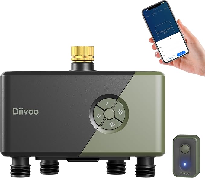 Diivoo Brass 4 Outlets WiFi Water Timer | App Remote Control, 24 Custom Schedules, Rain Delay & Mist Mode for Lawn, Compatible with Alexa/Google Assistant