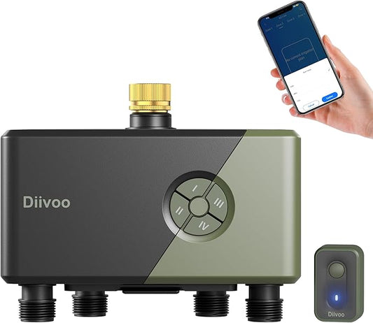 Diivoo Brass 4 Outlets WiFi Water Timer | App Remote Control, 24 Custom Schedules, Rain Delay & Mist Mode for Lawn, Compatible with Alexa/Google Assistant