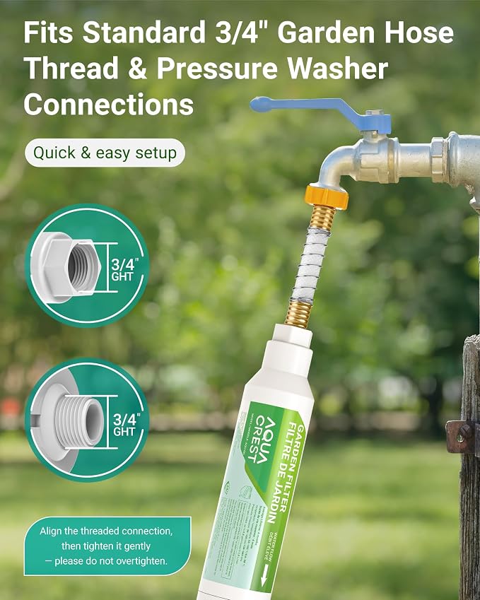 AQUA CREST Garden Hose Water Filter for Plants, NSF/ANSI Certified | Reduces Chlorine, Odor, Improves Plant Health, Suitable for Gardening and Farming, with 2 Flexible Hose Protectors, 6 Pack