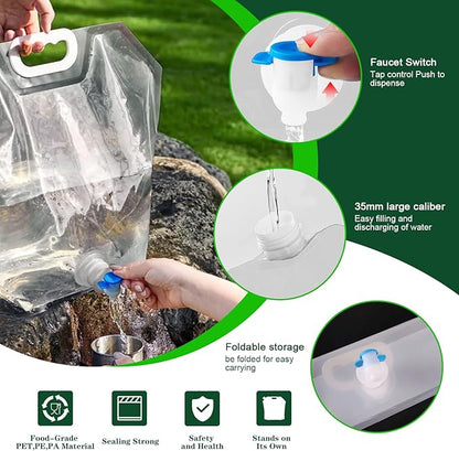 Cooltto Premium Collapsible Water Container Bag, BPA Free Food Grade Clear Plastic Storage Jug, No-Leak Freezable Fold-able Water Bottle for Camping, Hiking, Backpacking, Emergency