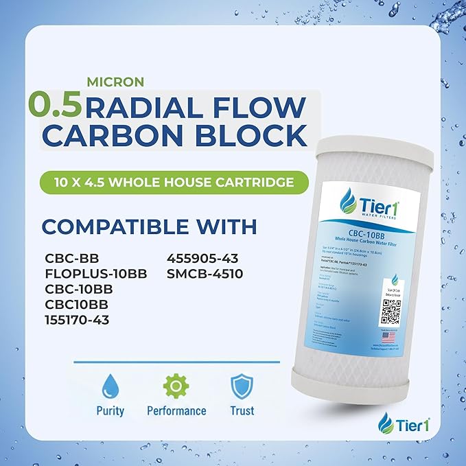 Tier1 0.5 Micron 10 x 4.5 Water Filter | Whole House Carbon Block Filter Replacement Cartridge | Replacement for Pentek CBC-BB, FLOPLUS-10BB, CBC-10BB, 155170-43 | 4.5 x 10 Water Filter