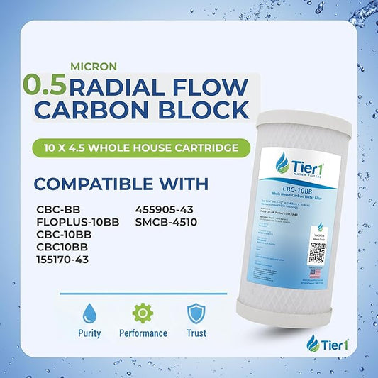 Tier1 0.5 Micron 10 x 4.5 Water Filter | Whole House Carbon Block Filter Replacement Cartridge | Replacement for Pentek CBC-BB, FLOPLUS-10BB, CBC-10BB, 155170-43 | 4.5 x 10 Water Filter