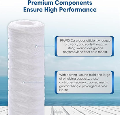 PUREPLUS 20 Micron 10"x2.5" Whole House String Wound Sediment Filter for Well Water, Replacement Cartridge for Universal 10 inch RO System, WP-5, Aqua-Pure AP110, CFS110, Culligan P5,WFPFC4002, 6Pack