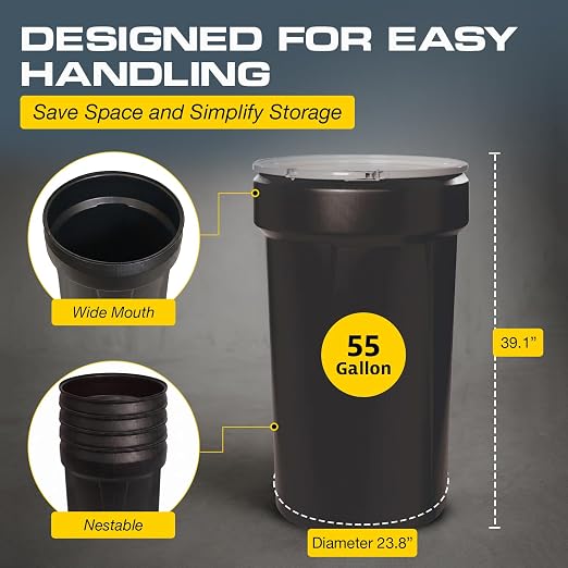 Eagle Plastic Drum, 55 Gallon Drum, DOT Compliant, Made in USA, Black | High-Density-Polyethylene Construction, Open Head Lab Pack Drum, Metal Lever-Lock Lid, Hazardous Material Storage, Transport