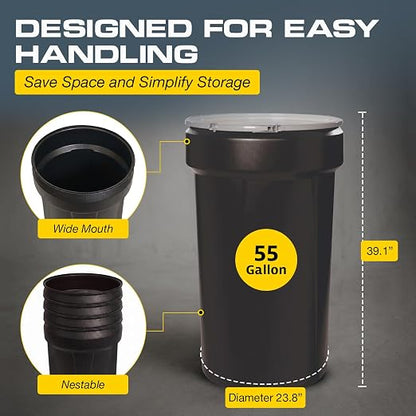 Eagle Plastic Drum, 55 Gallon Drum, DOT Compliant, Made in USA, Black | High-Density-Polyethylene Construction, Open Head Lab Pack Drum, Metal Lever-Lock Lid, Hazardous Material Storage, Transport