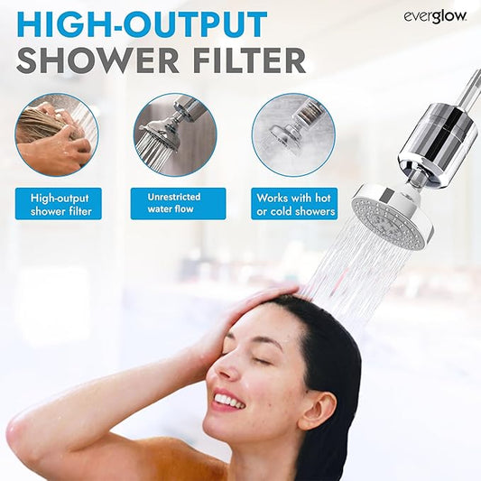 EVERGLOW High-Output Shower Filter, Reduces Chlorine, Dry Skin, Dandruff, Eczema, Heavy Metals and Vitamin C Infused for Dandruff and Softens Hard Water, 4.7”, Chrome