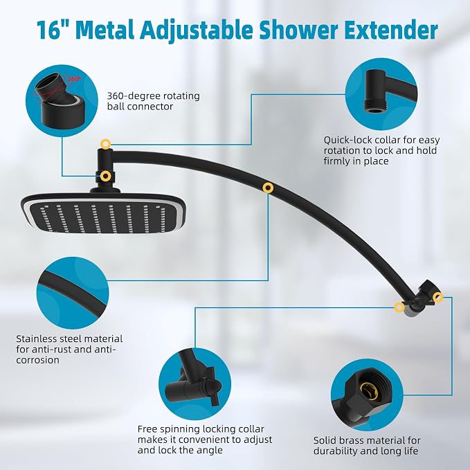iFealClear Black Rain Shower Head with 16" Shower Extension Arm, 10" High Pressure Boosting Rainfall/Fixed Showerhead, Stainless Steel Shower Head Extender Adjustable Height/Angle, Easy 1-Min Install
