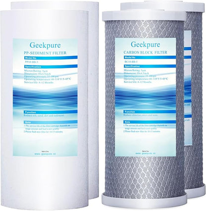 Geekpure 10 Inch Whole House Replacement Water Filters Set w/PP and Carbon Block -4.5"x 10"-5 Micron-Pack of 4