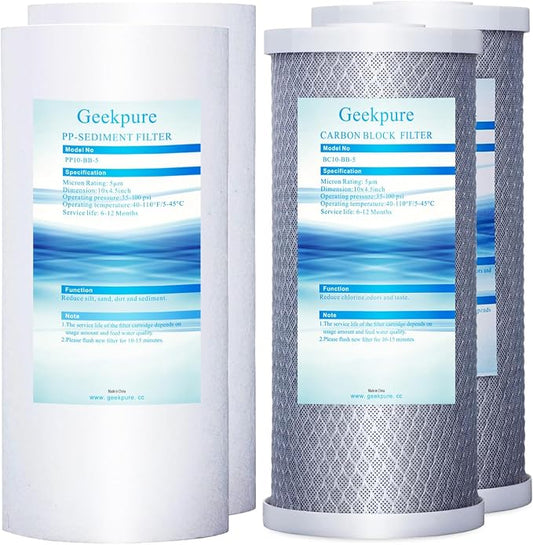 Geekpure 10 Inch Whole House Replacement Water Filters Set w/PP and Carbon Block -4.5"x 10"-5 Micron-Pack of 4