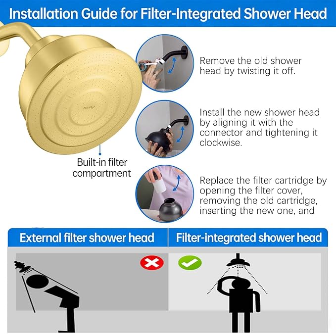 SonTiy Filtered Shower Head, All Metal Shower Filter Head For Hard Water Removes Chlorine, Improve Hair,Nails & Skin, Adjustable High Pressure Water Softener Showerhead, 6 Inch, Gold