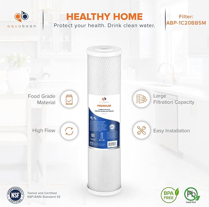 Aquaboon 5 Micron 20 x 4.5 Whole House Water Filter Replacement Cartridge Set: Sediment, Anti-Scale, Carbon for 3-Stage Water Filtration System 2 Pack