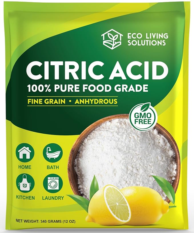 Eco Living Solutions 100% Citric Acid Powder - Food Grade | Citric Acid For Cleaning & Bath Bombs | Great For Cooking & Canning | Fragrance Free | Dishwasher Safe (12 oz)