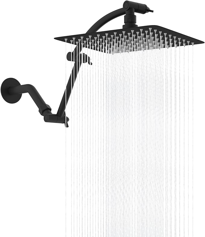 Hibbent All Metal cUPC Certified Rain Shower Head, 10'' High Pressure Rainfall Showerhead with 16" Shower Head Extension Arm, Solid Brass Adjustable Shower Arm Extender, fixed Showerheads, Matte Black