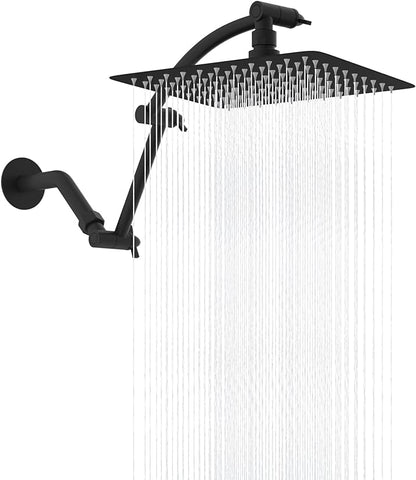 Hibbent All Metal cUPC Certified Rain Shower Head, 10'' High Pressure Rainfall Showerhead with 16" Shower Head Extension Arm, Solid Brass Adjustable Shower Arm Extender, fixed Showerheads, Matte Black