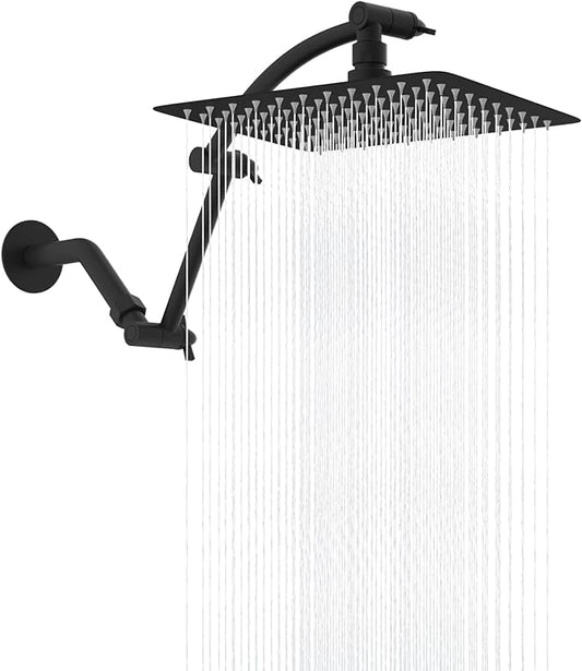 Hibbent All Metal cUPC Certified Rain Shower Head, 10'' High Pressure Rainfall Showerhead with 16" Shower Head Extension Arm, Solid Brass Adjustable Shower Arm Extender, fixed Showerheads, Matte Black