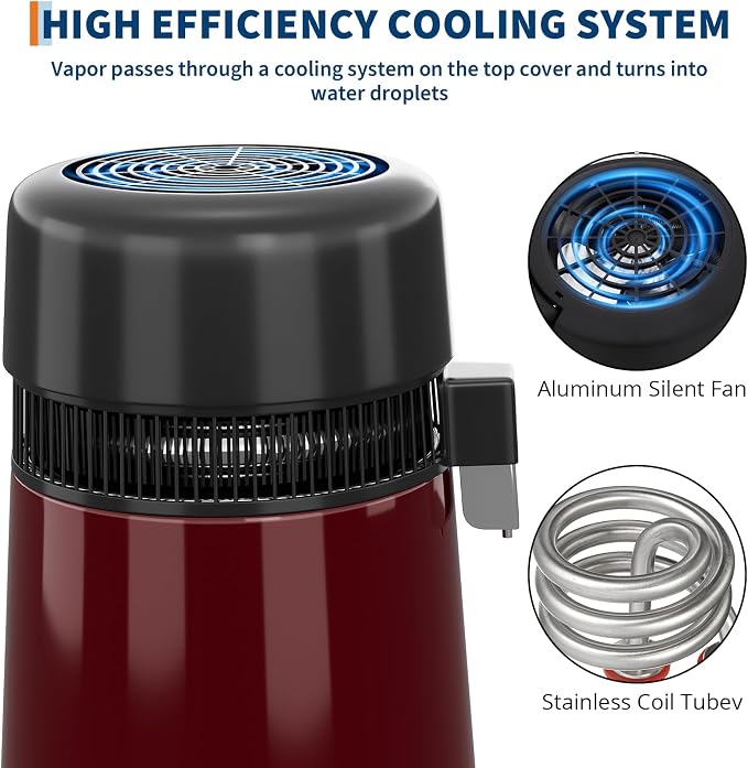 GarveeHome Water Distillers for Home Countertop, 1 gal/4 L Stainless Steel Distilled Water Machine with Glass Container, 750W Desktop Drinking Purifier Filter Distilling Kit, Red