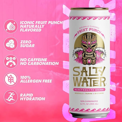 SaltyWater Electrolyte Drink, Fruit Punch – Zero Sugar Premium Hydration Drink, 10 Calories, Minerals, Taurine, B-Vitamins, Non-Carbonated - Zero Caffeine Electrolyte Sports Drink - Gluten Free - 12 Pack (12 oz)