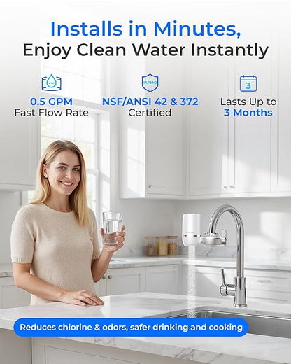 Waterdrop Water Filter for Sink Faucet, NSF Certified Water Purifier, 320 Gallon Tap Water Filter for Kitchen Sink, Reduces Chlorine, Lead-Free Material, Faucet Mount Water Filtration System, 1 Filter