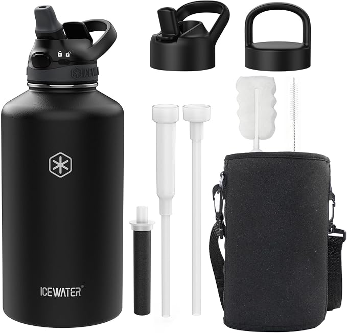 ICEWATER 64 oz Versatile Water Bottle, Regular & Filtered Straw with Filter | Reduces Chlorine Taste & odor, Removes Microplastics and Particulates, Ideal for Travel, Stainless Steel Insulated, BPA-Free