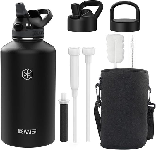 ICEWATER 64 oz Versatile Water Bottle, Regular & Filtered Straw with Filter | Reduces Chlorine Taste & odor, Removes Microplastics and Particulates, Ideal for Travel, Stainless Steel Insulated, BPA-Free