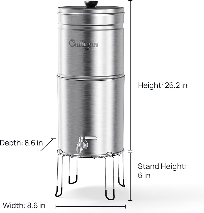 Culligan MaxClear 2.25 Gallon Gravity Water Filter System, Removes Microplastics, PFAS & Lead, NSF/ANSI Certified, Polished Stainless-Steel Countertop Filter with 1 Ceramic Filter